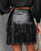 Most Wanted Fringe Faux Leather Skirt - Black - SALE Oshnow